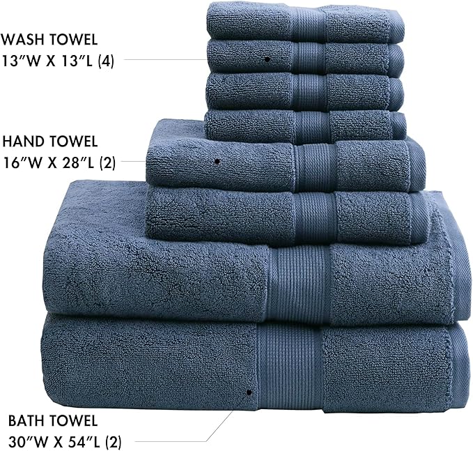 Madison Park 800GSM Bathroom Towel Set of 8 100% Cotton Bath Towel Set for Bathroom Luxurious Highly Absorbent 2 Bath Towels 2 Hand Towels 4 Washcloths Quick Dry Spa Quality Slate Blue