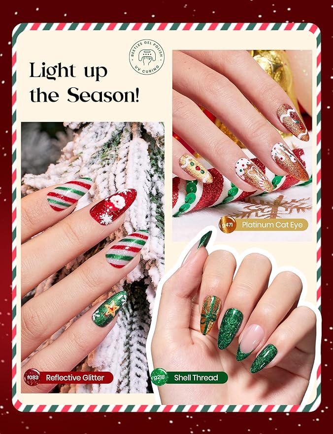 beetles Gel Polish Merry Glitzmas 2025 Christmas Advent Calendar ? 24 Days Christmas Countdown Nail Art Set with Mini LED Nail Lamp Base Top Coat and Festive Holiday Surprises Gifts for Women Girls