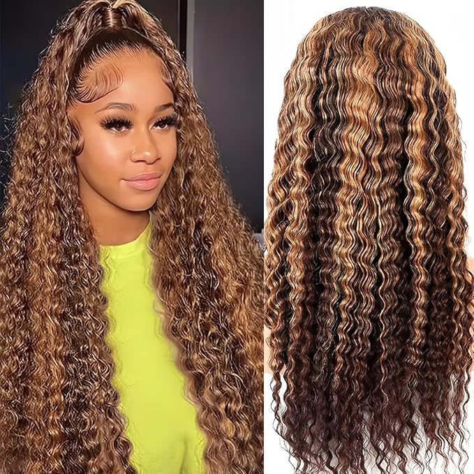 30 Inch Honey Blonde Highlight Ombre Lace Front Wig Human Hair 200% Density 13x6 HD Deep Wave Curly Wig Pre Plucked with Baby Hair