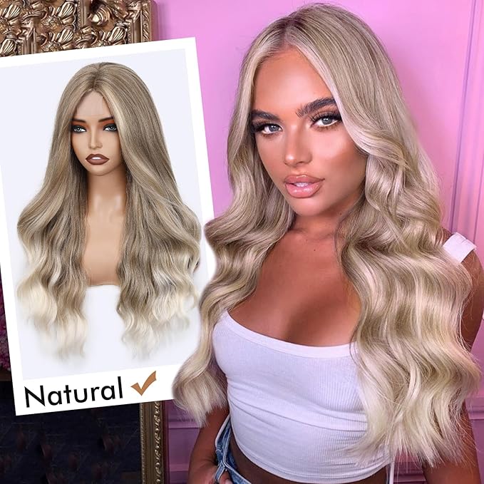 FAVE Ash Blonde Wig Middle Part Lace Blonde Wigs Natural Wavy Dirty Blonde Wigs Soft Long Wigs for White Women(26 Inches)