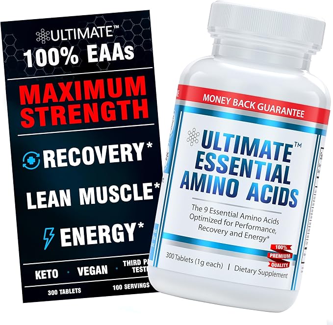 Ultimate 100% Essential Amino Acid Supplement for Cutting Fasting &amp Workouts - All 9 EAAs 40% Leucine ? Ideal BCAA Ratio for Energy Muscle &amp Recovery - 300 Easy-to-Swallow Keto &amp Vegeta