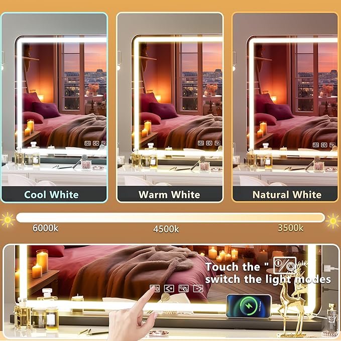 Hasipu Vanity Mirror with Lights and Bluetooth Speaker 32 x 21.7 LED Makeup Mirror Lighted Makeup Mirror with Dimmable 3 Modes USB Charging Port Round Black