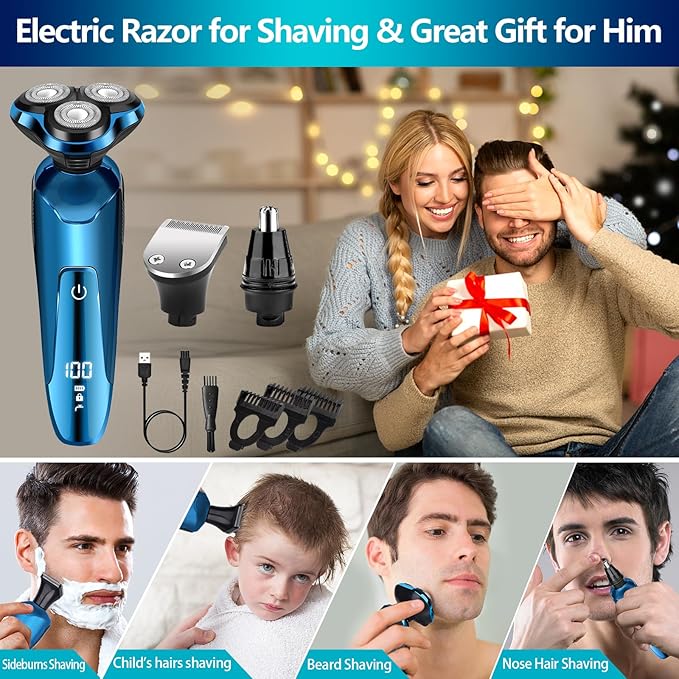 Electric Razor for Men IPX7 Waterproof 3D Rotary Shaver Rechargeable Cordless Shaver for Men with Wet/Dry Function &amp LCD Display Ideal Shaving Gifts for Husband Dad Boyfriend