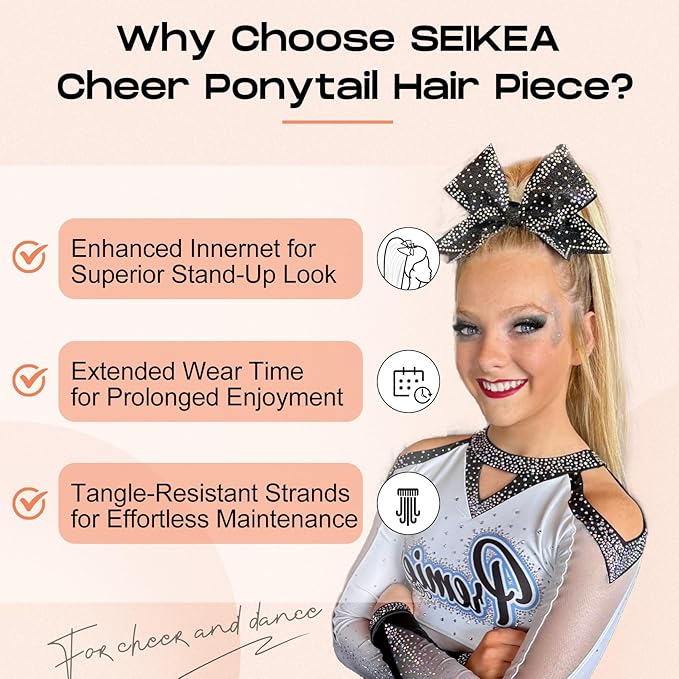SEIKEA Cheer Ponytail Hair Piece 14 Straight Cheerleader Hairpiece Ponytail Extension for Cheer Competitions Dance Costume Dress up Soft Natural Look for Girls Teens Black Brown