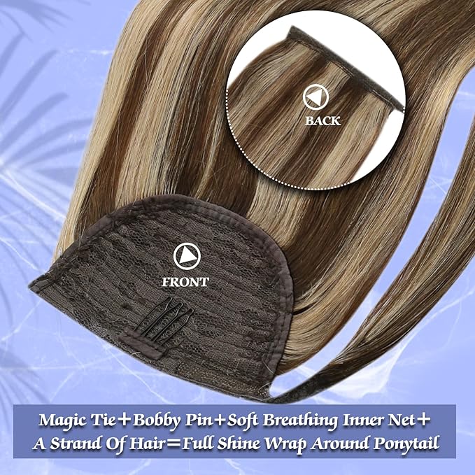 Full Shine Ponytail Extension Human Hair Dark Brown Ombre Honey Blonde Ponytail Clip in Hair Extensions Long Straight Pony Tail Hair Pieces For Women 20Inch 80g