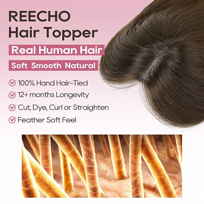 REECHO Hair Toppers for Women Real Human Hair Seamless Human Hair Toppers with Bangs 360° 3D Cover Clip in Bangs Hair Extensions for Daily Wear Dark Chocolate Brown