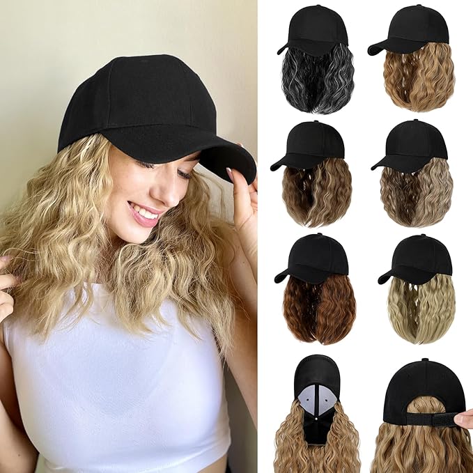 Baseball Hat WigHat with Hair attached 16'' Adjustable Black Cap with Wavy Curly Synthetic Bob Hair Extensions for Women Girls(Bleach Blonde)