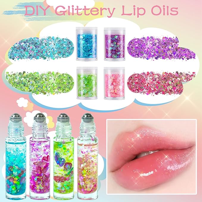DIY Lip Gloss Making Kit Lip Oil Maker Kits to Make Your Own Lipglosses with Roller Bottles Moisturizing Lipstick Supplies Set All-Inclusive Fun Lip Sticks Craft Kit for Girls Women