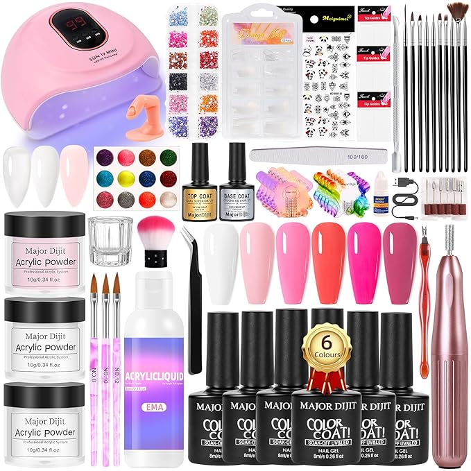 Major Dijit Acrylic Nail Kit with Drill - Complete Starter Set for Beginners White Pink Clear Acrylic Powder 6 Gel Polish Colors UV LED Light Nail Decorations &amp Salon Tools | Home Manicure Gift