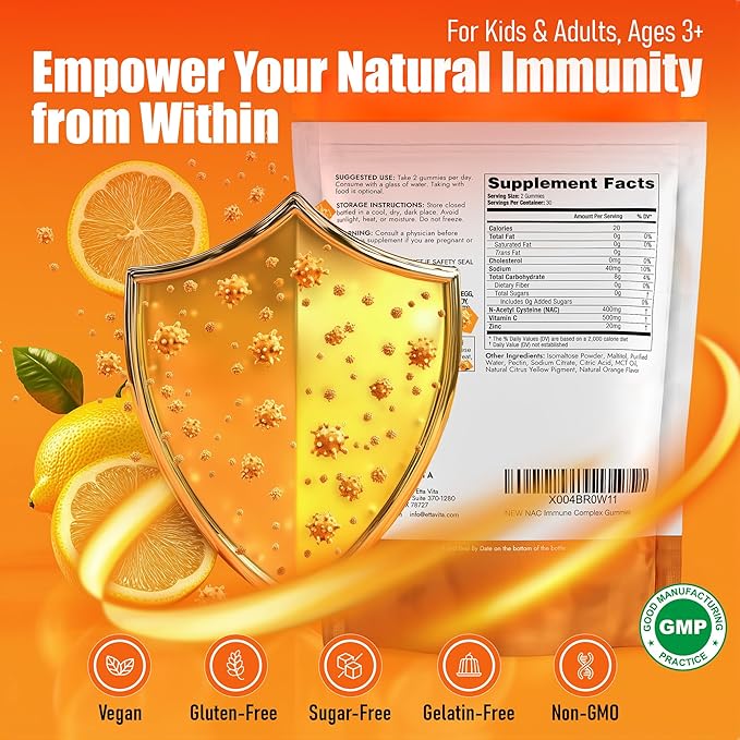 Sugar-Free NAC Gummies (Immune Support Complex) N-Acetyl Cysteine Vitamin C &amp Zinc - Supports Respiratory Health Liver Detox &amp Cleanse Kidney Function NAC Supplement for Kids and Adults -