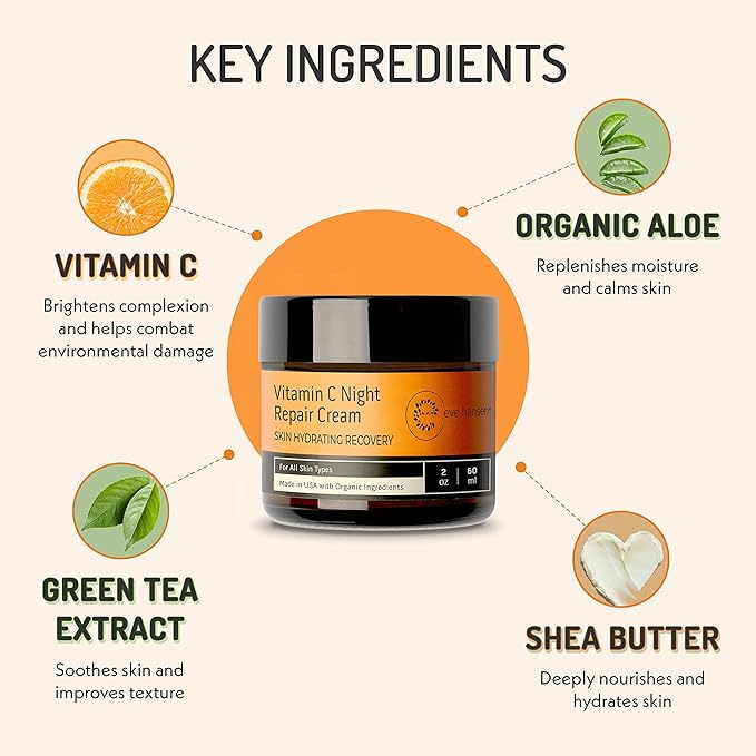 Eve Hansen Vitamin C Night Cream for Face and Neck - Hydrating Brightening Anti-Aging Moisturizer for Mature Dry Skin - Non-Greasy - 2 oz