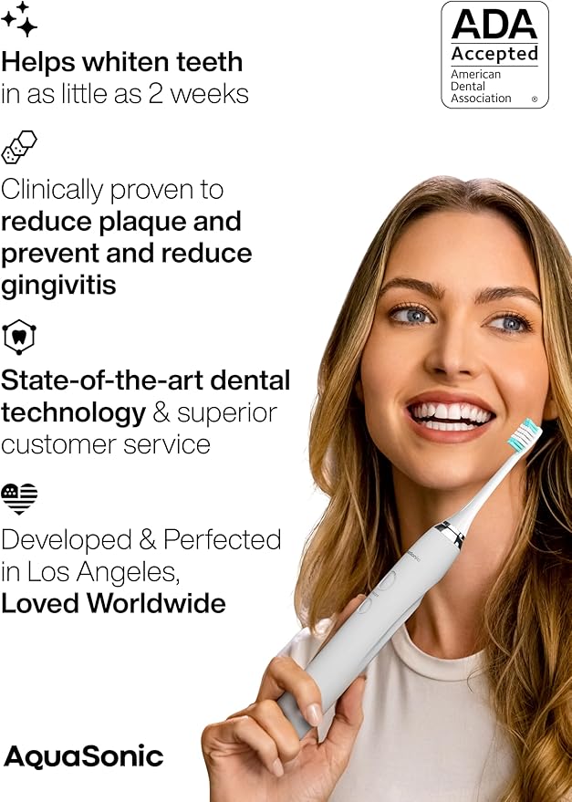 Aquasonic Vibe Series Ultra-Whitening Toothbrush ? ADA Accepted Electric Toothbrush - 8 Brush Heads &amp Travel Case ? 40000 VPM Motor &amp Wireless Charging - 4 Modes w Smart Timer ? Optic White