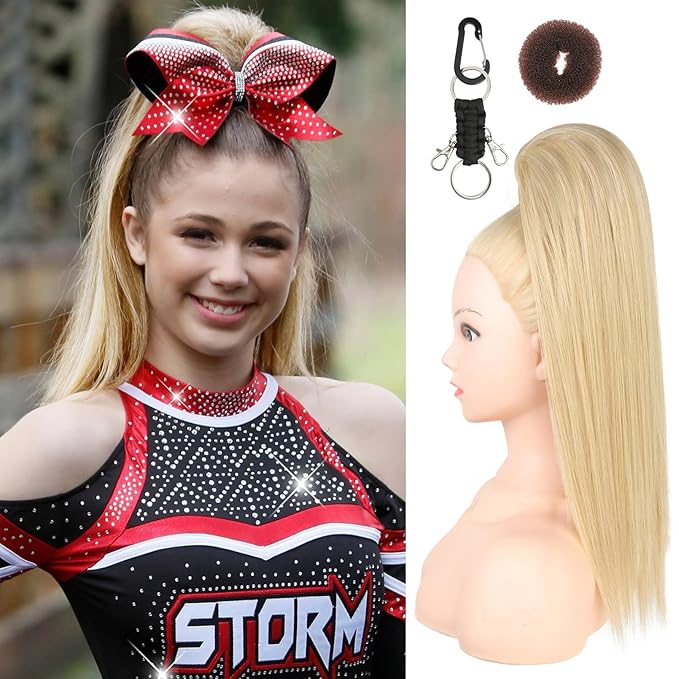 SEIKEA Cheer Ponytail Hair Piece 16 Champagne Blonde Straight Cheerleader Hairpiece Ponytail Extension for Cheerleader Competition Dance