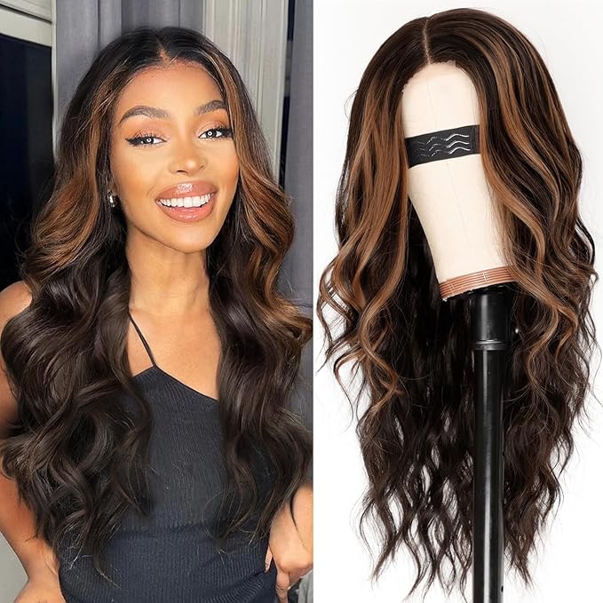 AISI HAIR Dark Brown with Highlights Wig for Women Long Wavy Lace Hairline Middle Part Synthetic Heat Resistant Wig for Daily Party-26 Inch