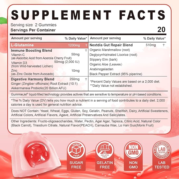L-Glutamine 1200mg Gut &amp Immune Support GummiesLeaky Gut Repair Supplement with Slippery ElmMarshmallow RootGinger RootArabinogalactanOrganic AloeVitamin CVitamin D3ZincSugar-Free | 60 Co