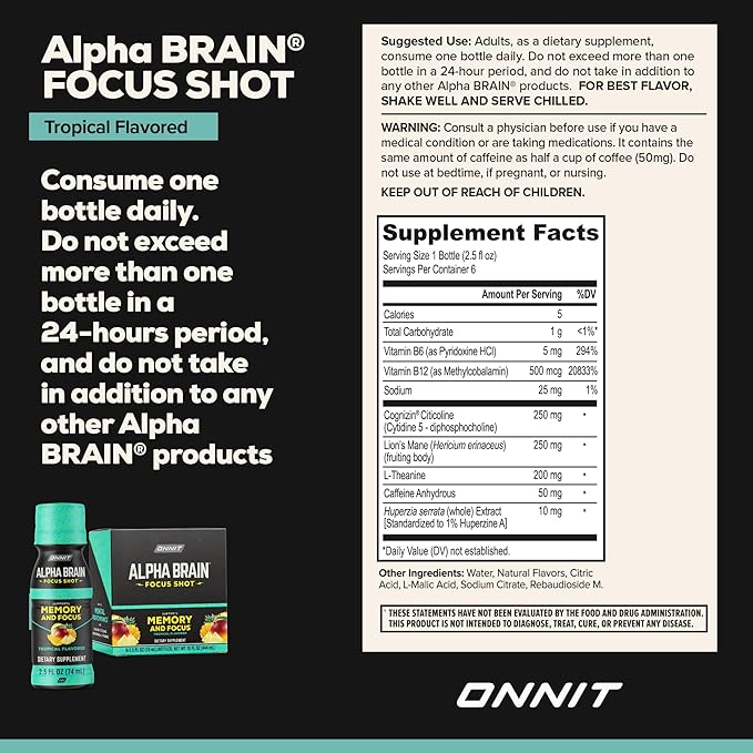 ONNIT Alpha Brain Focus Shot Tropical Flavor Nootropic Dietary Supplement Drink That Supports Energy Focus and Mood IGEN??Non-GMO Tested 2.5 fl oz 6 Count