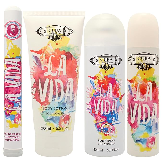 Cuba La Vida for Women - 4 Pc Gift Set 3.3oz EDP Spray 1.17oz EDP Spray 6.6oz Body Spray 6.6oz Body Lotion
