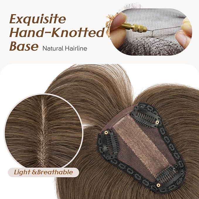 Rich Choices Real Human Hair Toppers for Women 3D Cover Clip in Bangs 100% Remy Human Clip in Silk Base Hair Topper with Bang for Thinning 150% Density 8 Inch #2 Dark Brown