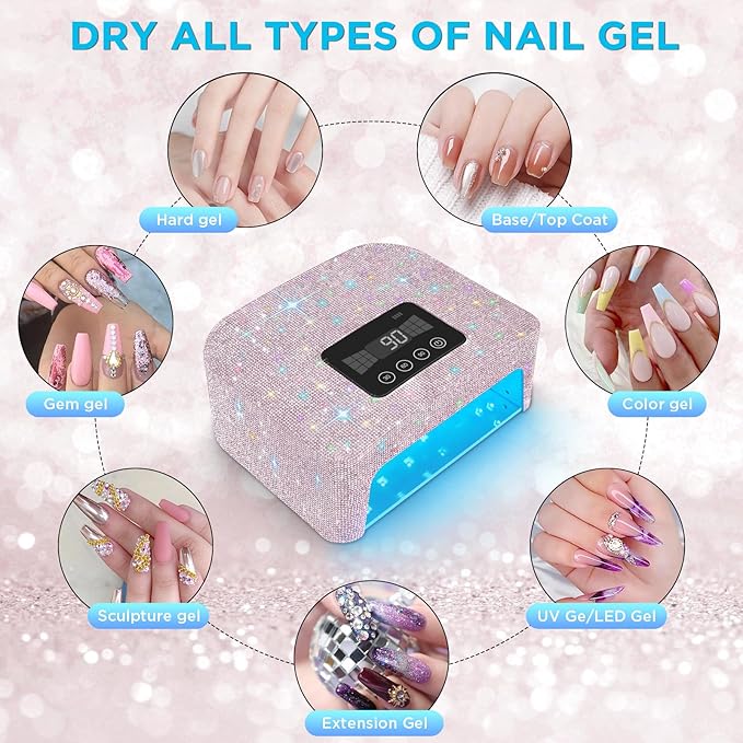 Aedavey Cordless UV Nail Lamp Rechargeable UV Light for Gel Nails LED Nail Lamp with 4 Timer Modes Gel Nail UV Light Decorate with Sparkling Nail Rhinestones