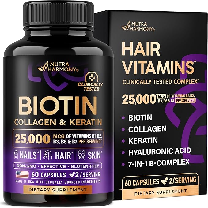 Biotin | Collagen | Hyaluronic Acid | Keratin - Clinically Tested Supplement** - Hair Growth Support Skin &amp Nails - 25000mcg Vitamins B1 B2 B3 B6 &amp B7 - for Women &amp Men - Made in USA |