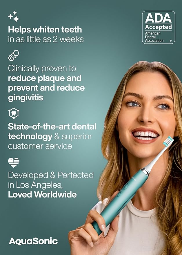 Aquasonic Vibe Series Ultra-Whitening Toothbrush ? ADA Accepted Power Toothbrush - 8 Brush Heads &amp Travel Case ? 40000 VPM Motor &amp Wireless Charging - 4 Modes w Smart Timer ? Mint Green Metal
