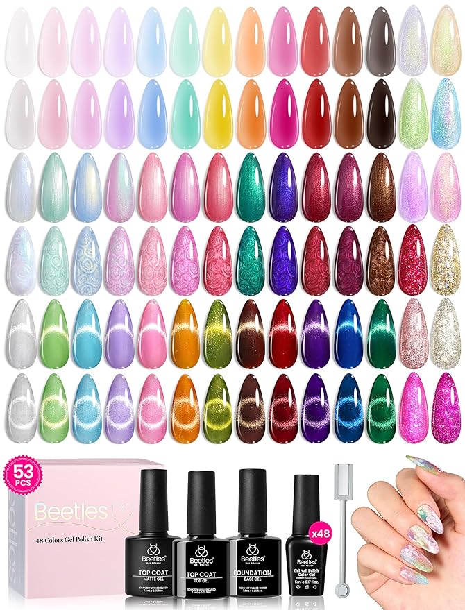 Beetles Winter Gel Polish Set Cat Eye Gel Nail Polish 48 Colors Red Green Brown Blue Nude Pink Jelly Glitter Shell Shread Salon DIY at Home UV LED Needed Gifts for Women Vivid Moments