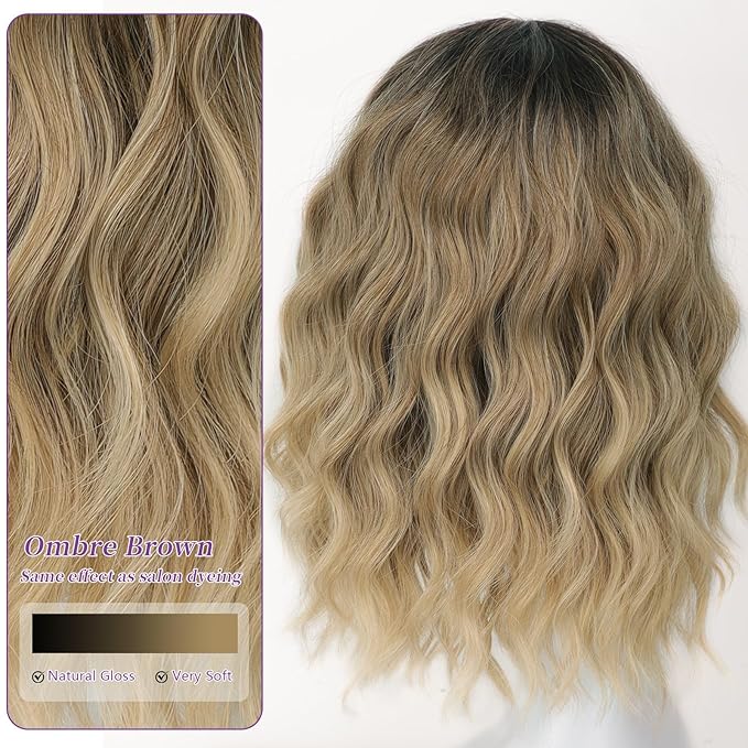 AISI HAIR Synthetic Wavy Curly Bob Wig with Bangs Ombre Blonde Mixed Short Hair for Women Synthetic Heat Resistant Bob Wigs