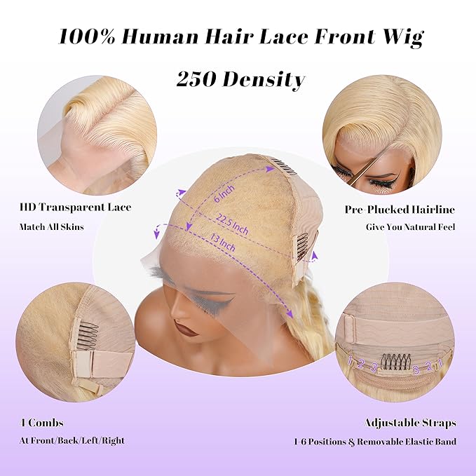 613 13x6 Lace Front Wig Human Hair Pre Plucked 250 Density 18 Inch Body Wave Blonde Wig Human Hair 613 HD Lace Frontal Wigs 13x6100% Real Human Hair No Tangle No Shedding Triple Lifespan 3X