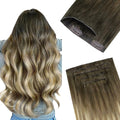 GOO GOO Invisi Edge Clip in Hair Extensions 7Pcs Injected Seamless PU Clip in Hair Extensions 24inch 150g Virgin Real Human Hair #3/8/613 Balayage Walnut Brown to Ash Brown and Bleach Blonde