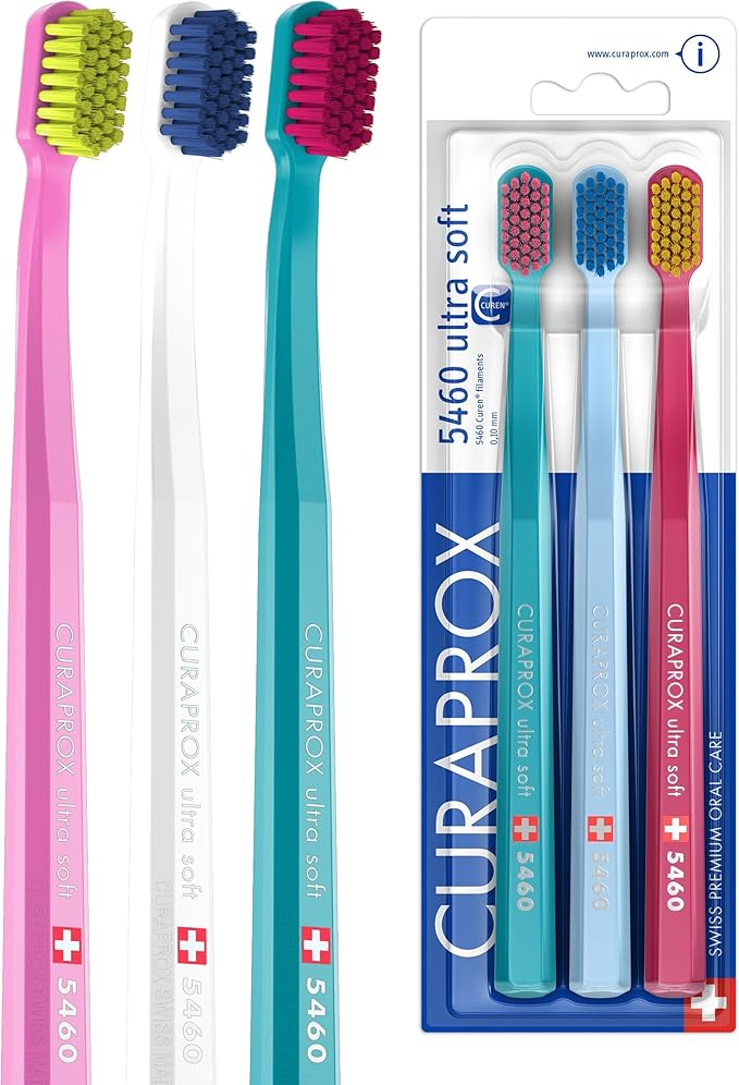 Curaprox CS 5460 Ultra-Soft Toothbrush ? for Sensitive Teeth &amp Gums | Gentle Plaque Removal | 3-Pack |Random Colour