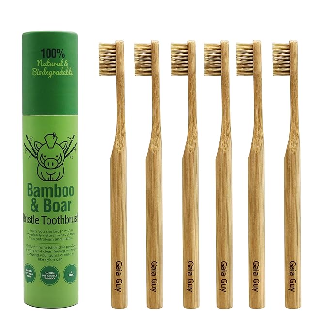Gaia Guy Natural Bristle Bamboo Toothbrush (NO Nylon - Boar Hair ONLY) - Totally Compostable &amp Biodegradable Boar Bristle and Bamboo Toothbrushes - Zero Waste - 6-Pack