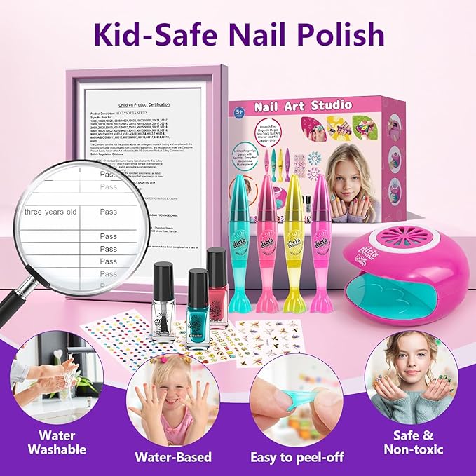 Kids Nail Polish Set with 4 nail art pens- Girl Gift - Nail Kit for Kids Ages 8-12 Kids Nail Polish Kit with Nail Dryer Girl stuff for Spa Makeup Manicures Birthday Gifts for Girls Toy 6 7 8-12