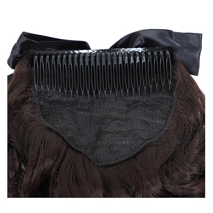 Regency Ponytail Hairpiece with Bow Spiral Curl Synthetic Half Wig Historical Colonial Lady Costume (Dark Brown) 2/33#