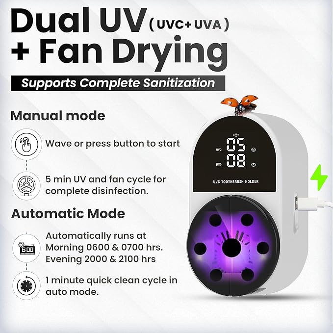 UV Toothbrush Sanitizer Holder &amp Cleaner with Led Clock Display Hands-Free Wave Sensing &amp Dual Toothbrush Storage - Wall Mounted UV Tooth Brush Sanitizer Holder for Bathroom Decor Fits All B