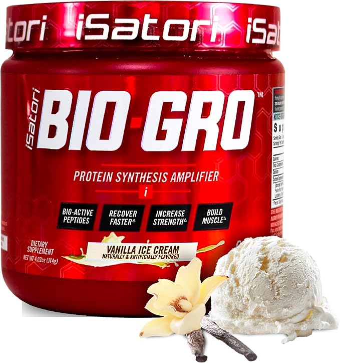 iSatori BIO-GRO Protein Synthesis Amplifier for Muscle Recovery &amp Growth Enhanced Stimulant Free Pre-Workout &amp Colostrum Supplement with Bio-draft Peptides- Vanilla Ice Cream (60 Servings)