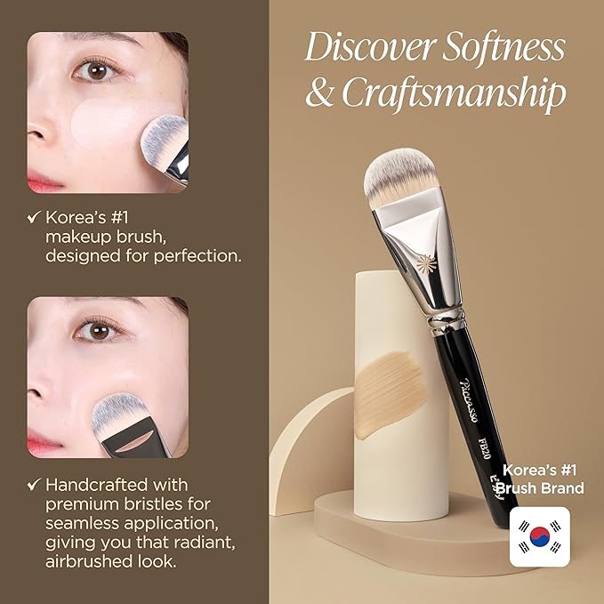 Piccasso FB20 Foundation Brush ? Flat Makeup Brush for Liquid &amp Cream Foundation Soft Synthetic Bristles for Seamless and High-Coverage Face Makeup Professional Korean Beauty Tool for Daily Use