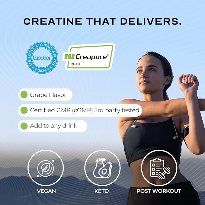 Muscle Feast Creapure Creatine Monohydrate Powder Vegan Keto Friendly Gluten-Free Easy to Mix Muscle Recovery Supplement Trusted Creatine for Muscle Growth Flavored Creatine Natural Grape 300g