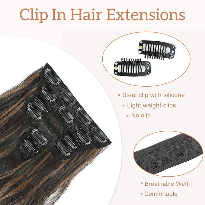 Clip in Hair Extensions for Women Natural Balayage Dark Brown to Chestnut 24 Inch 6PCS Hairpieces Long Wavy Soft Hair Extensions clip ins