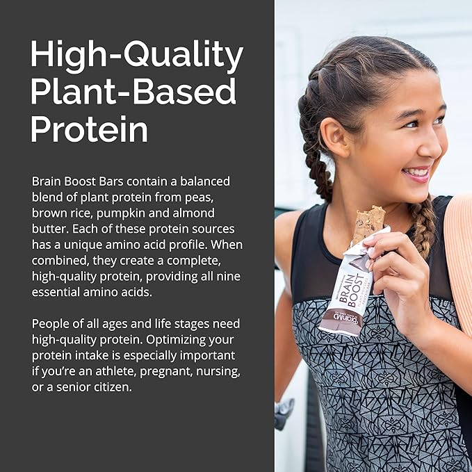 BRAINMD Brain Boost Dark Chocolate Almond - 10 Plant-Powered Protein Bars - Vegan Gluten Free Keto Friendly
