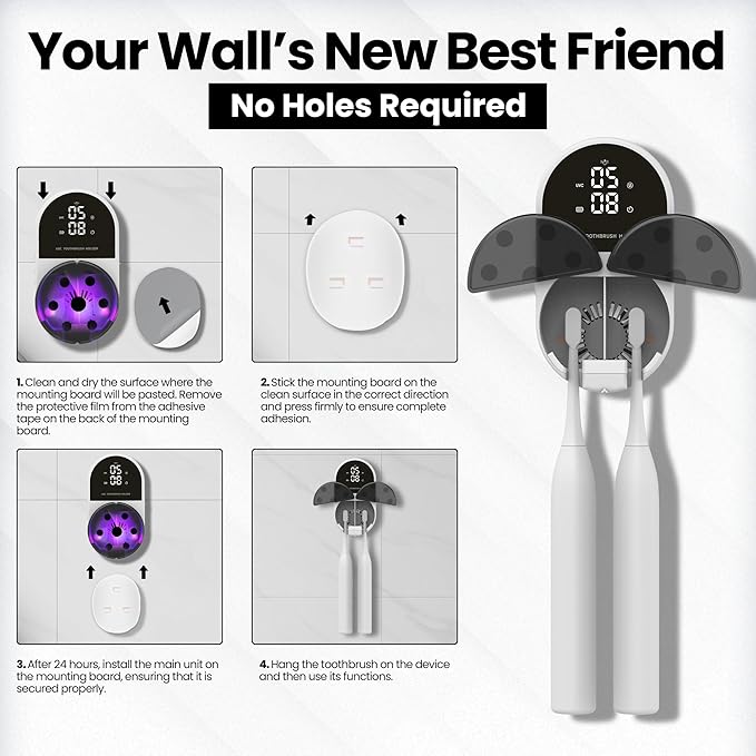 UV Toothbrush Sanitizer Holder &amp Cleaner with Led Clock Display Hands-Free Wave Sensing &amp Dual Toothbrush Storage - Wall Mounted UV Tooth Brush Sanitizer Holder for Bathroom Decor Fits All B