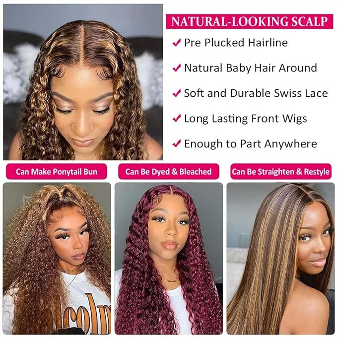 Curly Human Hair Wig Highlight P4/30 Lace Frontal Closure Deep Wave Human Hair Wig Pre Plucked Pre Cut Lace Frontal Closure Closure Glueless Wigs Elastic Band 200% Density 18 Inch