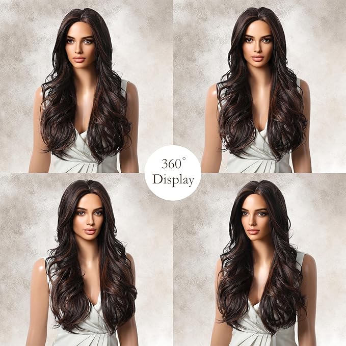Brown Highlight Wig 26 Inch Long Wavy Wigs for Women Middle Part Synthetic Hair Wavy Wig with Upgraded StrandsNatural Hair Wig for Daily Party Date Use