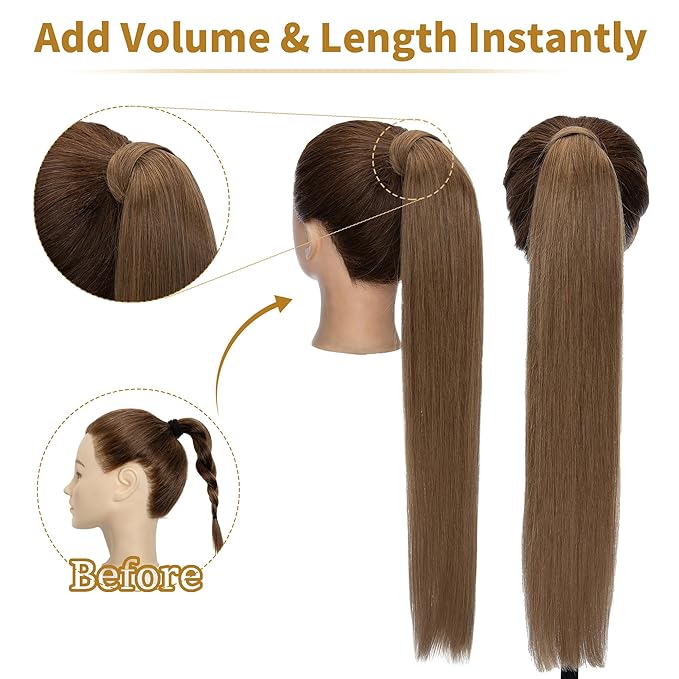SEGO Ponytail Extension Human Hair Real Human Hair Clip In Wrap Around Long Straight Ponytail With Magic Paste Pony Hairpieces for Women -18 Inch 90g 6 Light Brown