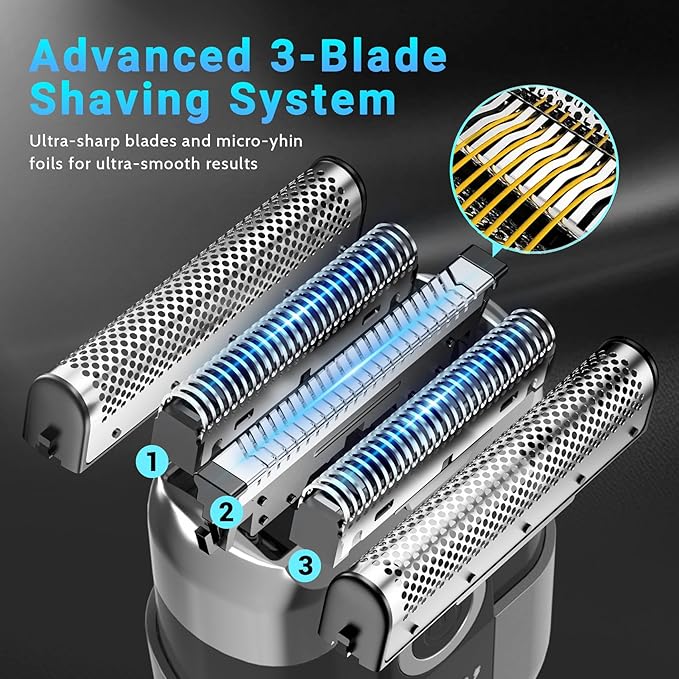 Electric Foil Shavers for Men: Mini Electric Razor Foil Shaver for Face IPX7 Waterproof Wet Dry Cordless Razor with 3 Floating Blades LED Display for Travel &amp Home USB Type C