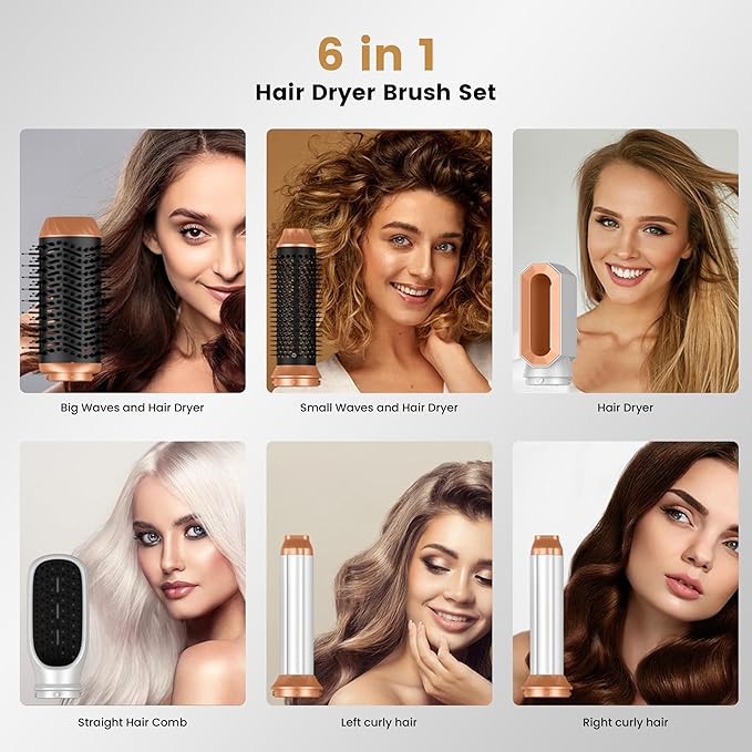 Hair Dryer Brush6 in 1 Professional Hot Air StylerPowerful Air Curling Wrap StylerNegative Ionic Hair Dryer Fast Drying Multi Hair Stylerfor Curling Volumizing Straightening Styling