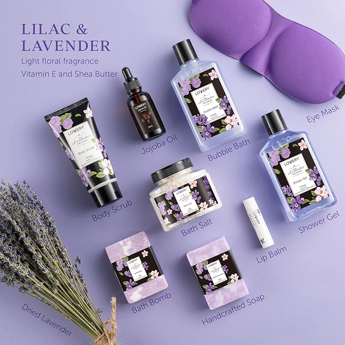 Womens Christmas Gifts ? Holiday Gift Baskets for Women Spa Gifts for Women Who Have Everything ? Bath and Body Gifts for Mom Her Lavender &amp Lilac Bath Set Soap Bath Bomb Jojoba Oil Lip Balm