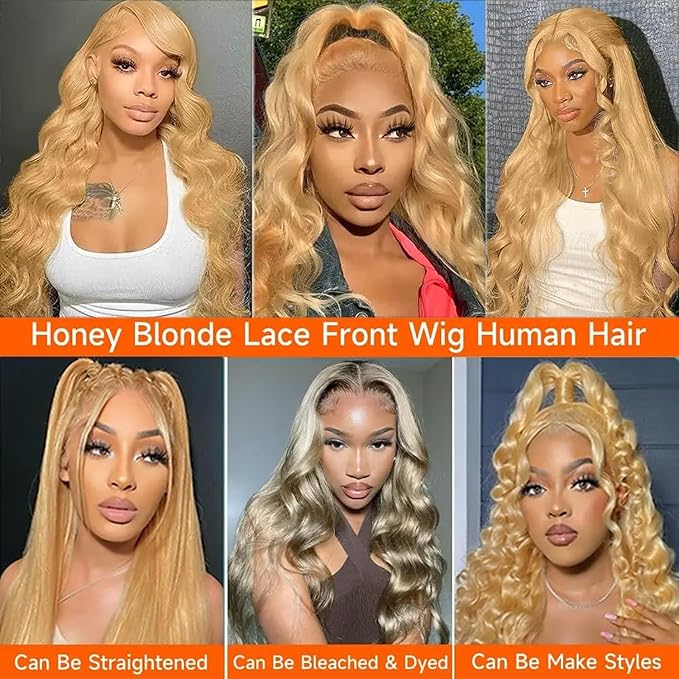 Honey Blonde Body Wave Lace Front Wig Human Hair 13x4 Colored #27 Human Hair Lace Front Wigs 22??Curly HD Transparent Lace Frontal Wigs Pre Plucked Bleached Knots 180% Density Glueless Human Hair Wig