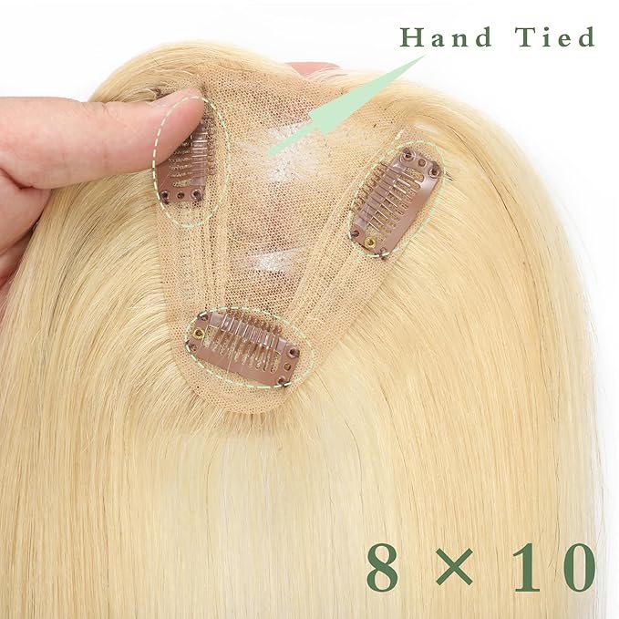 Blonde Hair Toppers for Women Real Human Hair 360°3D No Bangs Pieces Upgrade Lace Base Premium Remy Hair Toppers for Women(Blonde 10Inch)