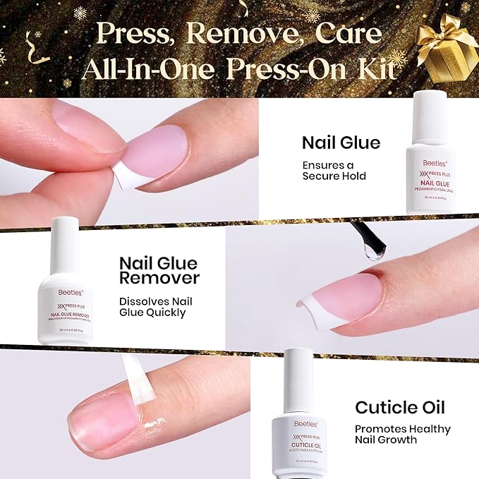 Beetles X Press Plus On Nails Kit - Rose French | Pink Long Square French Tip Press On Nails | 224Pcs 16 Sizes All-in-One Kit With Nail GlueRemoverBuilder Top CoatNail Lamp