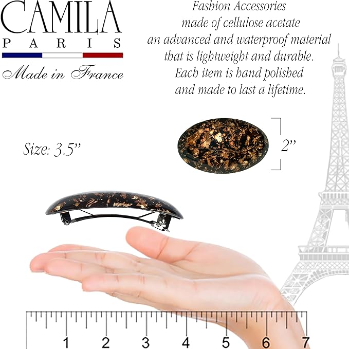 Camila Paris CP3869 French Hair Barrette Clip Oval Brown and Gold Strong Hold Grip Hair Clips for Women No Slip Rubberized Metal Closure Durable Styling Girls Hair Accessories Made in France